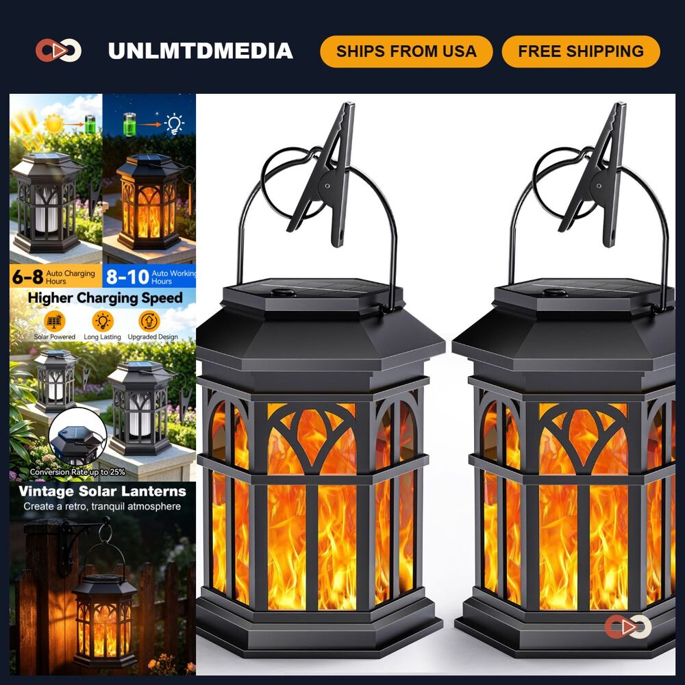 2 Pack Solar Lanterns - Upgraded Waterproof Flame Lights for Outdoor Decor, Auto